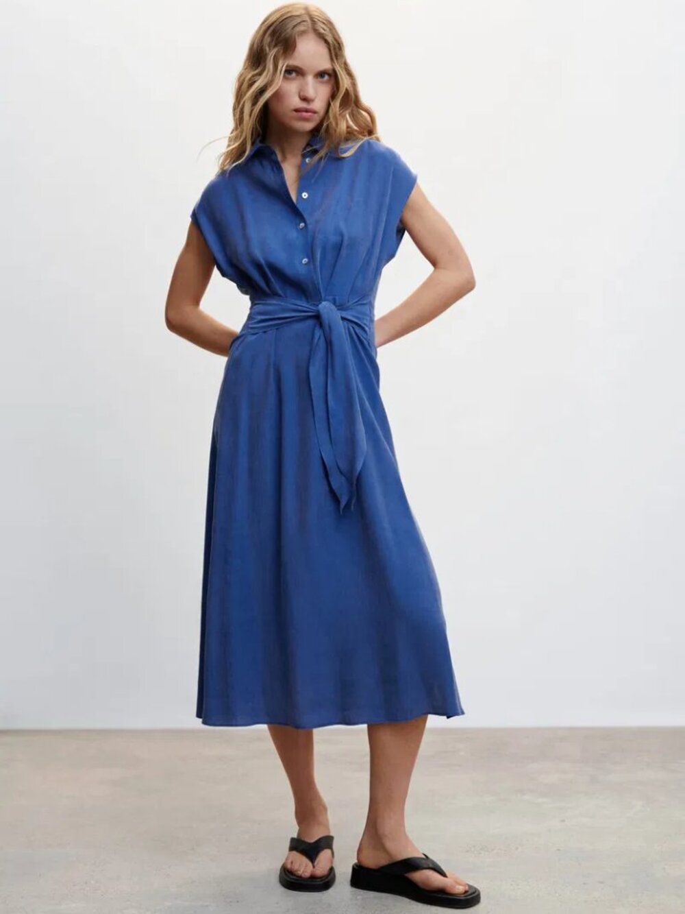 MANGO Blue Silky Cupro Belted Bow Cap Sleeve Midi Shirt Dress, Size XS